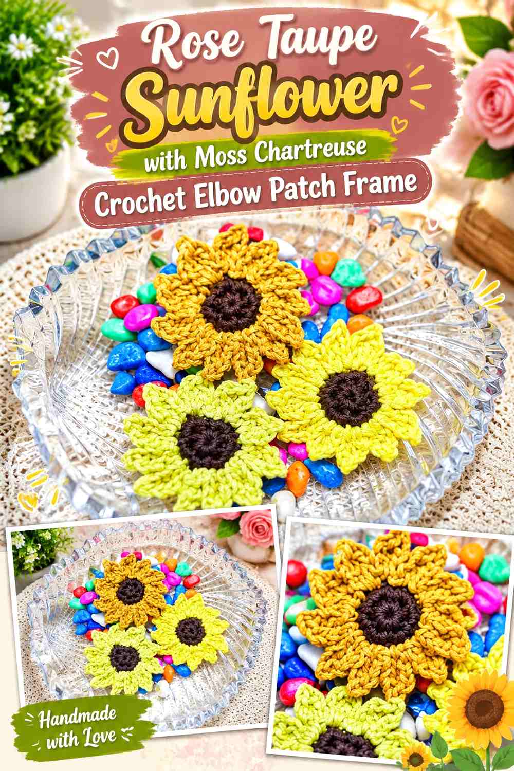 Rose Taupe Sunflower with Moss Chartreuse Crochet Elbow Patch Frame