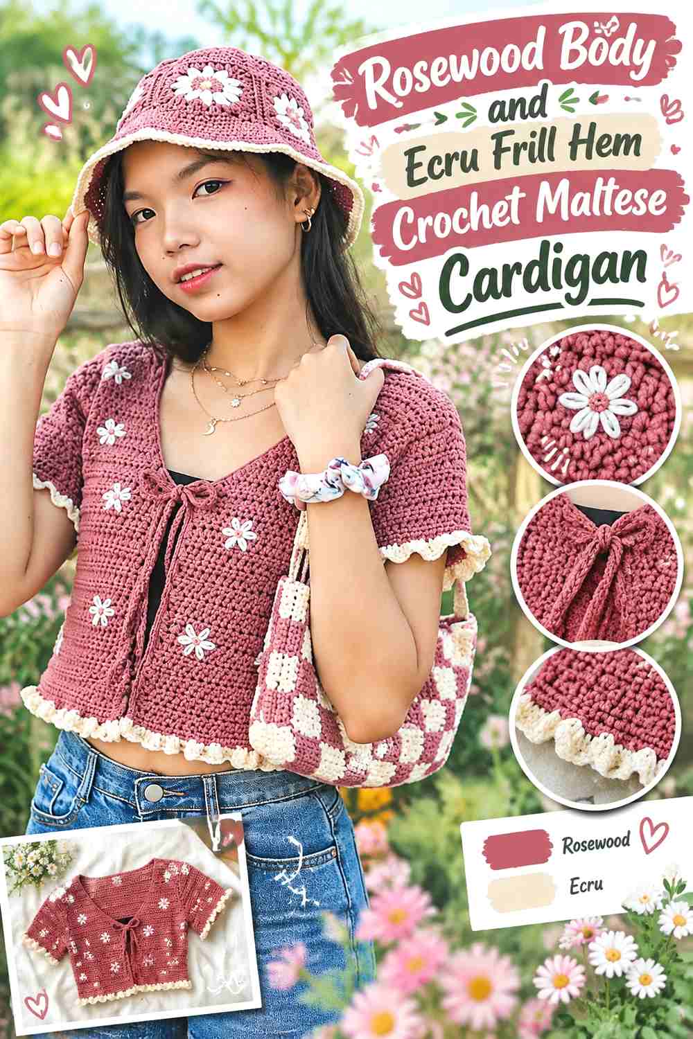 Rosewood Body and Ecru Frill Hem Crochet Maltese Cardigan