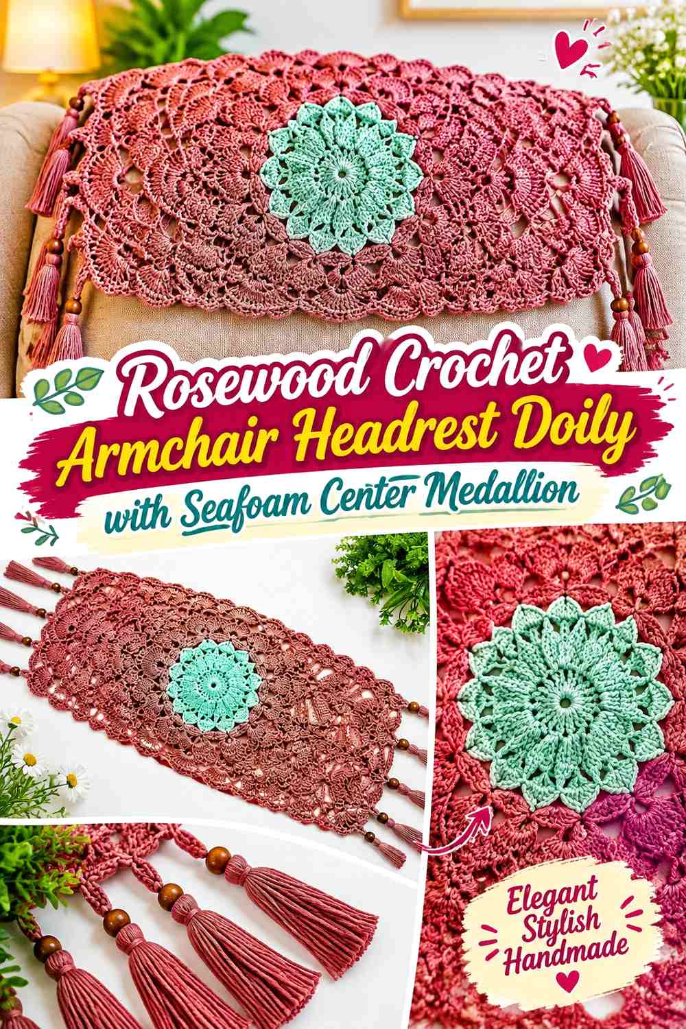Rosewood Crochet Armchair Headrest Doily with Seafoam Center Medallion
