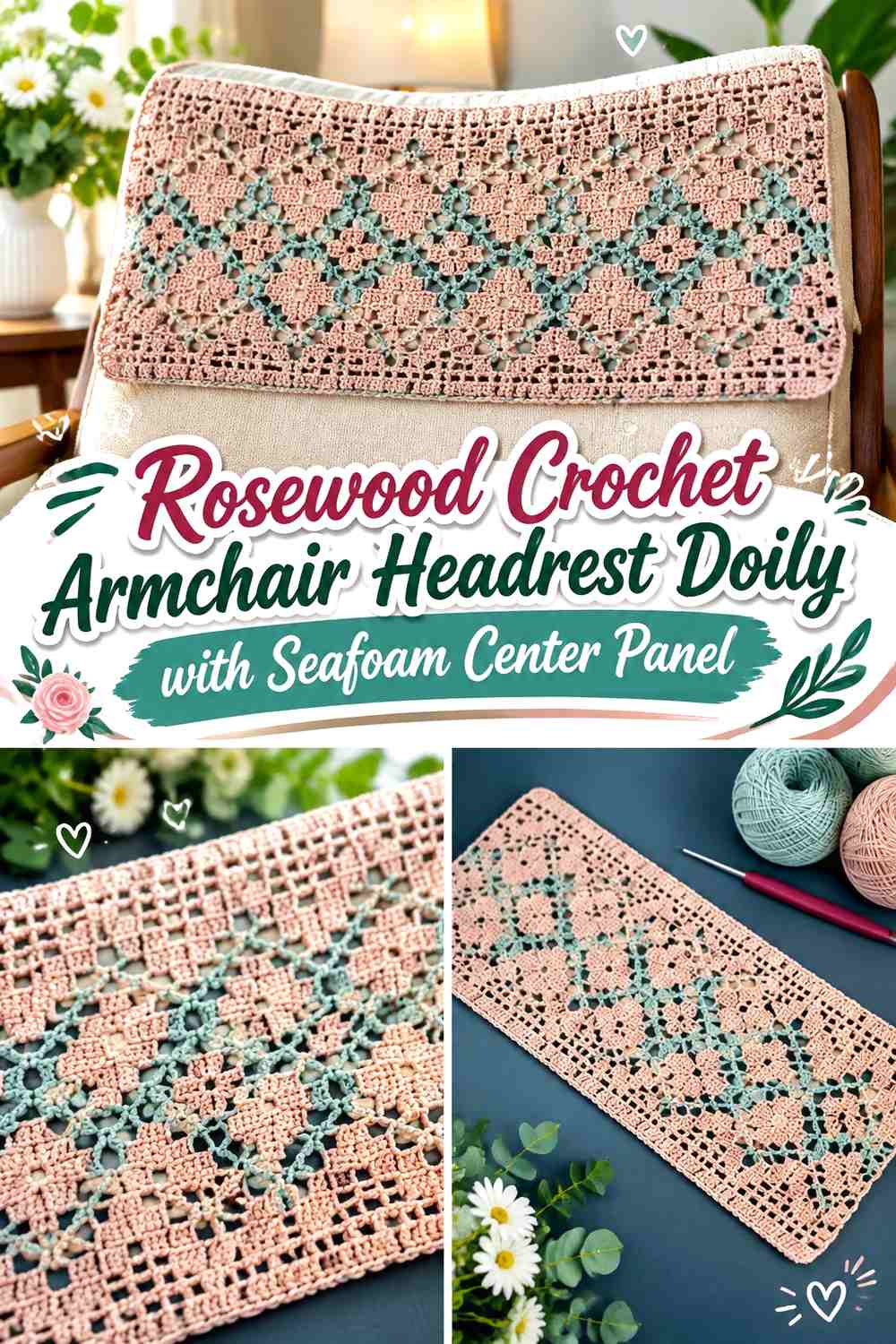Rosewood Crochet Armchair Headrest Doily with Seafoam Center Panel