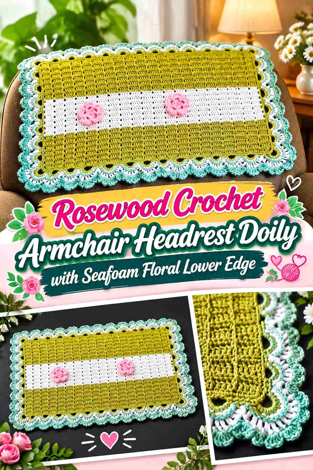 Rosewood Crochet Armchair Headrest Doily with Seafoam Floral Lower Edge