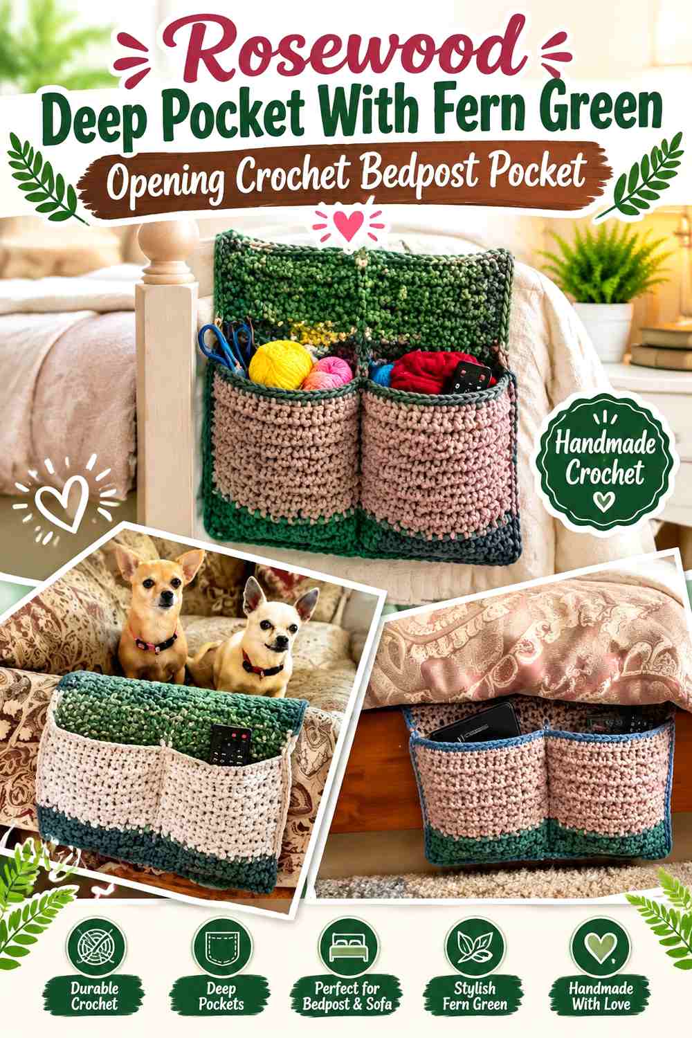 4. Rosewood Deep Pocket With Fern Green Opening Crochet Bedpost Pocket