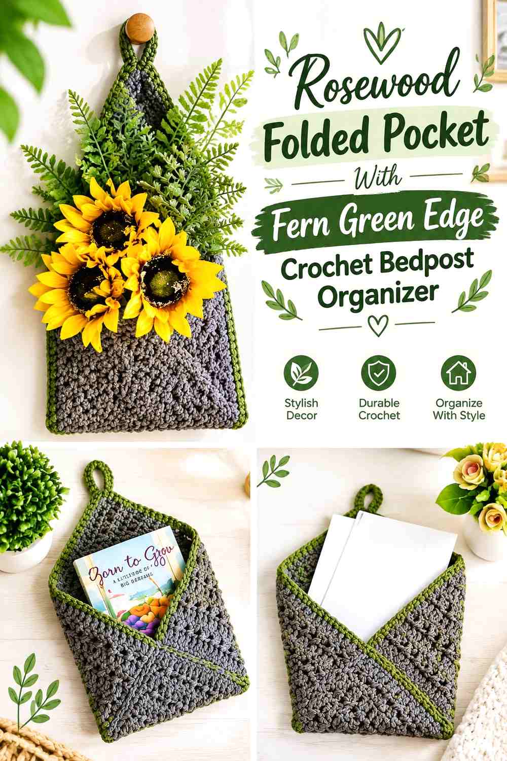 11. Rosewood Folded Pocket With Fern Green Edge Crochet Bedpost Organizer