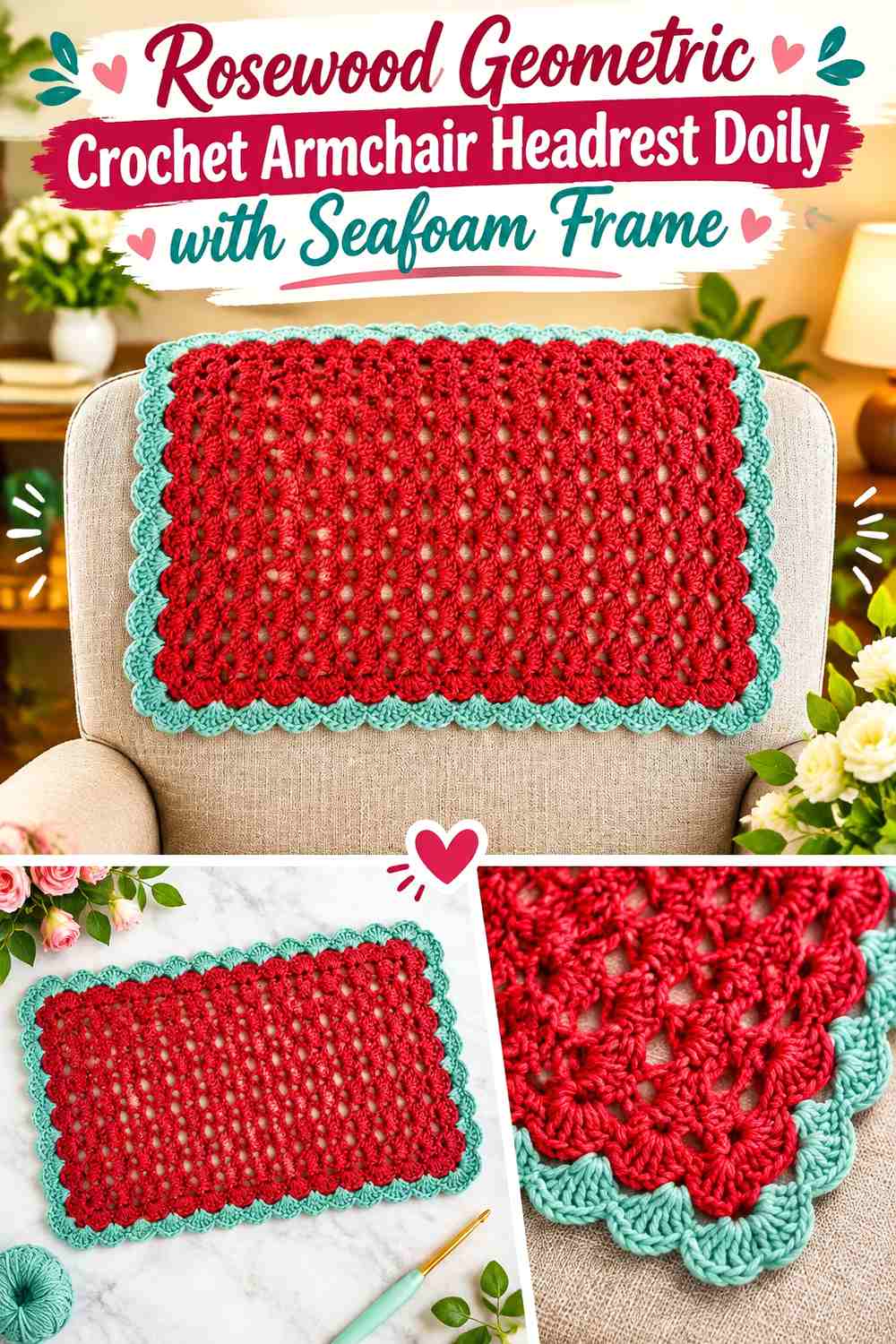 Rosewood Geometric Crochet Armchair Headrest Doily with Seafoam Frame