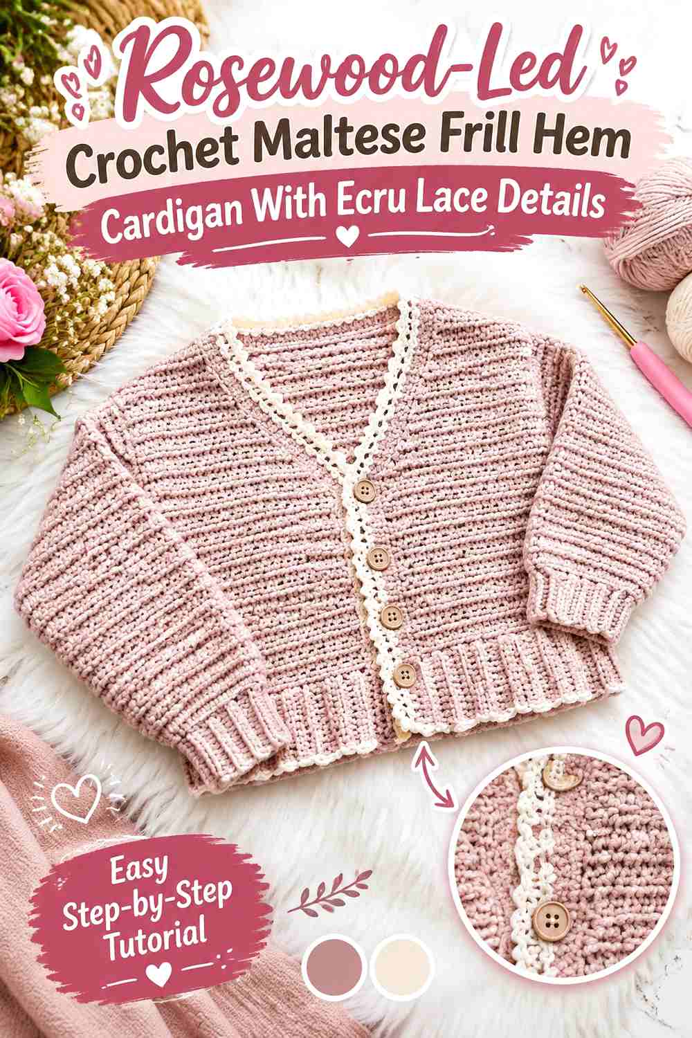 Rosewood-Led Crochet Maltese Frill Hem Cardigan With Ecru Lace Details