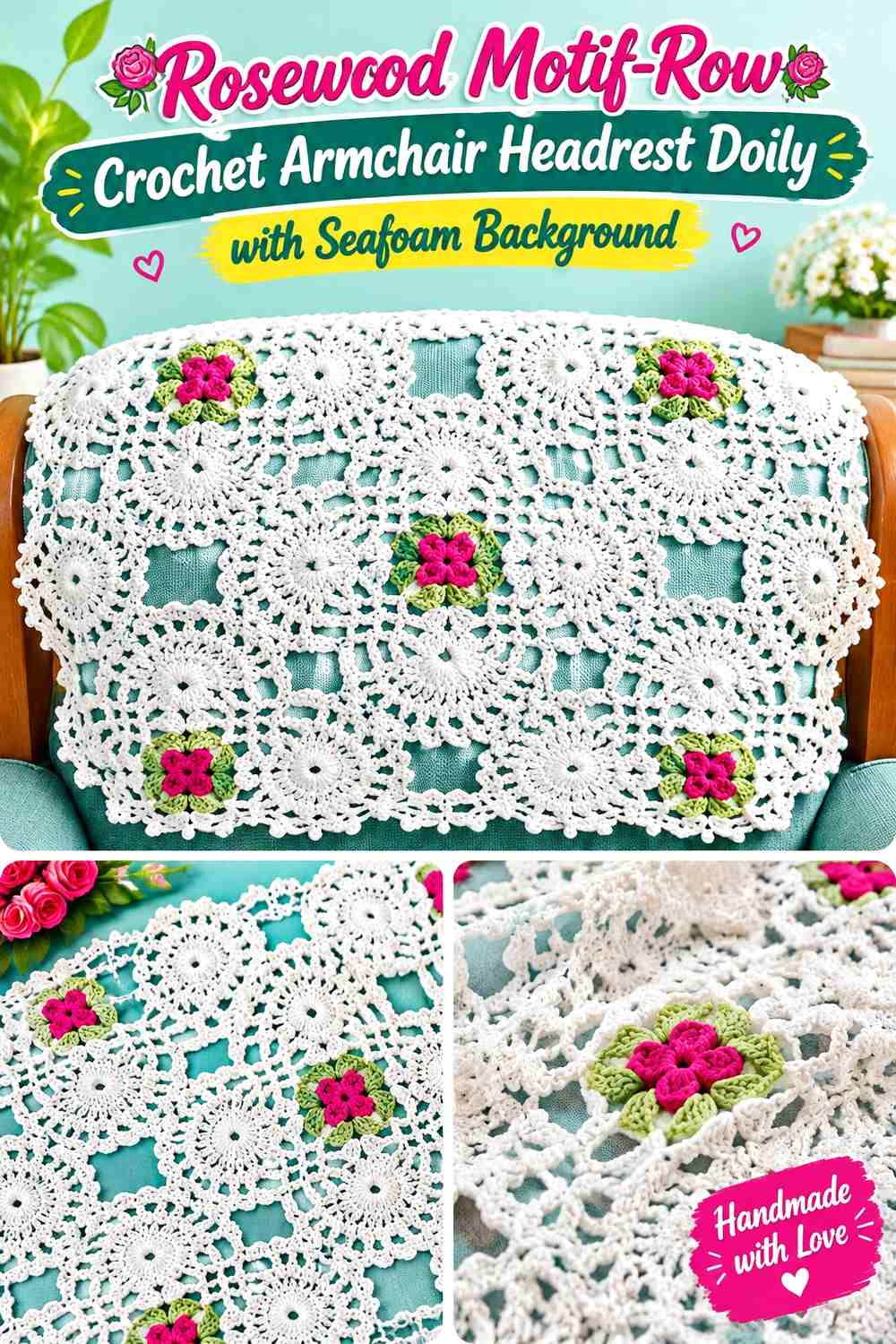 Rosewood Motif Row Crochet Armchair Headrest Doily with Seafoam Background