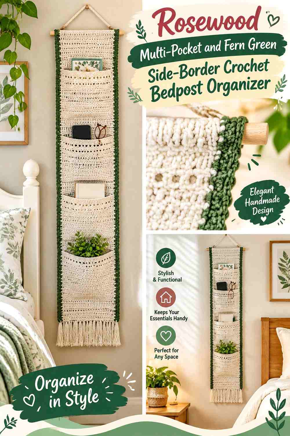 13. Rosewood Multi Pocket And Fern Green Side Border Crochet Bedpost Organizer