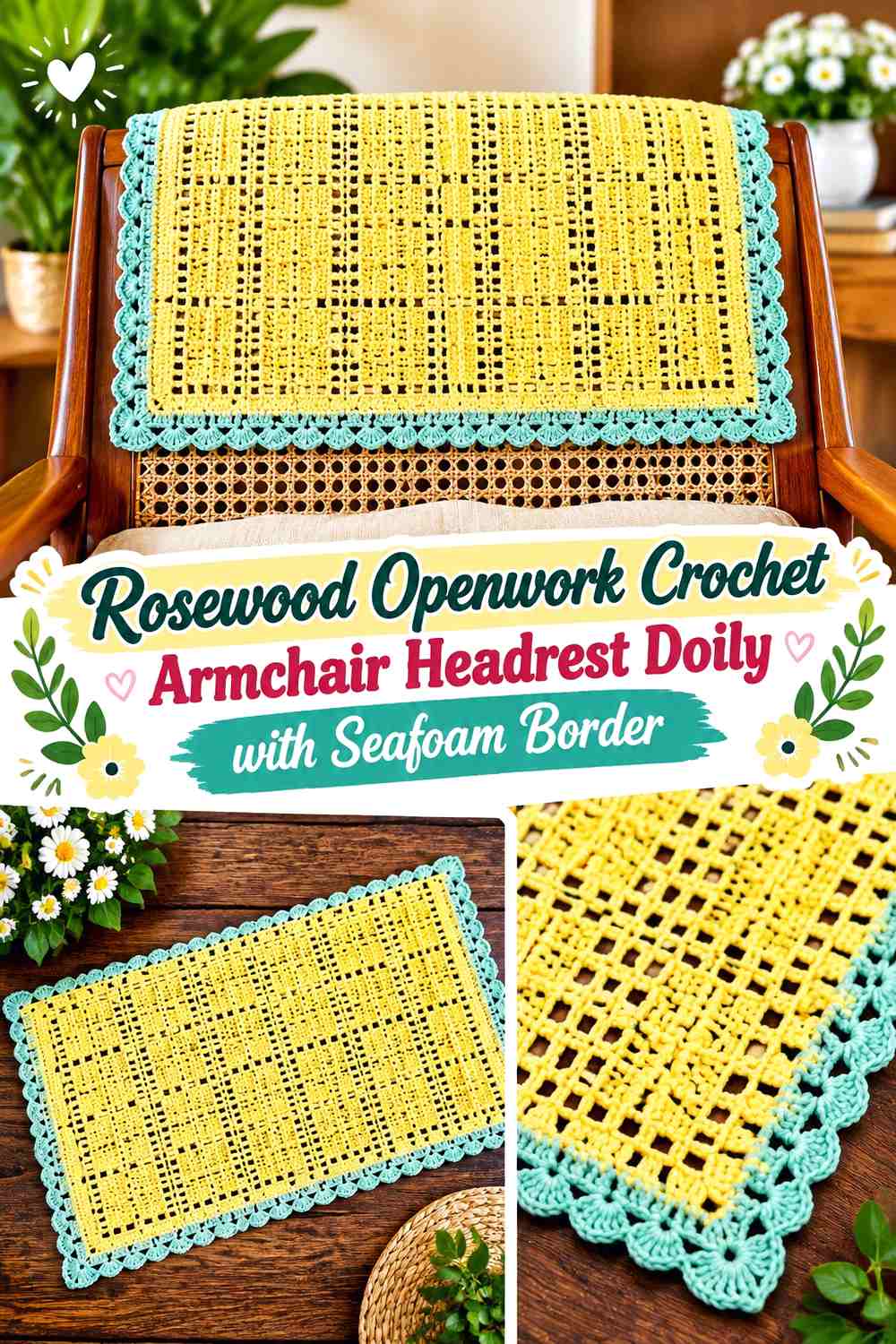 Rosewood Openwork Crochet Armchair Headrest Doily with Seafoam Border