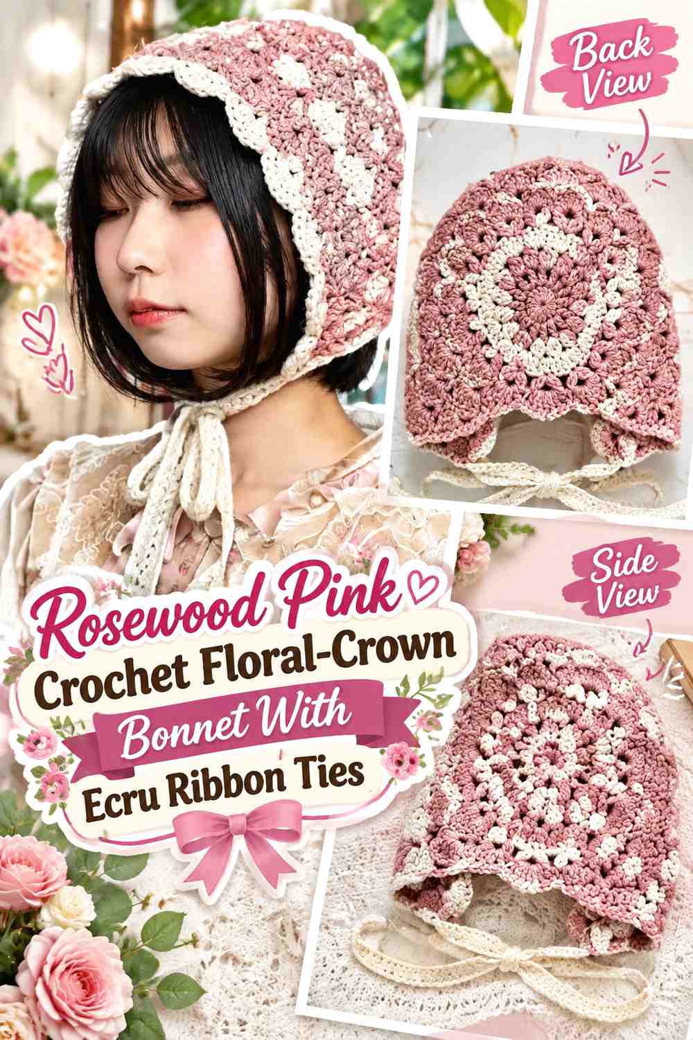 Rosewood Pink Crochet Floral-Crown Bonnet With Ecru Ribbon Ties