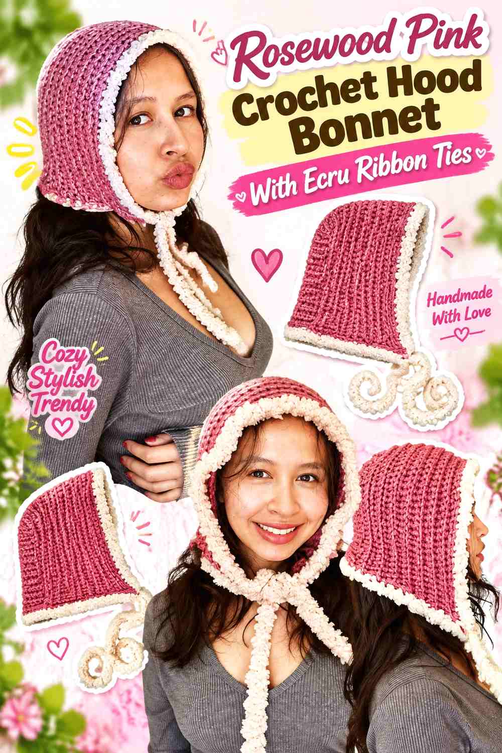 Rosewood Pink Crochet Hood Bonnet With Ecru Ribbon Ties