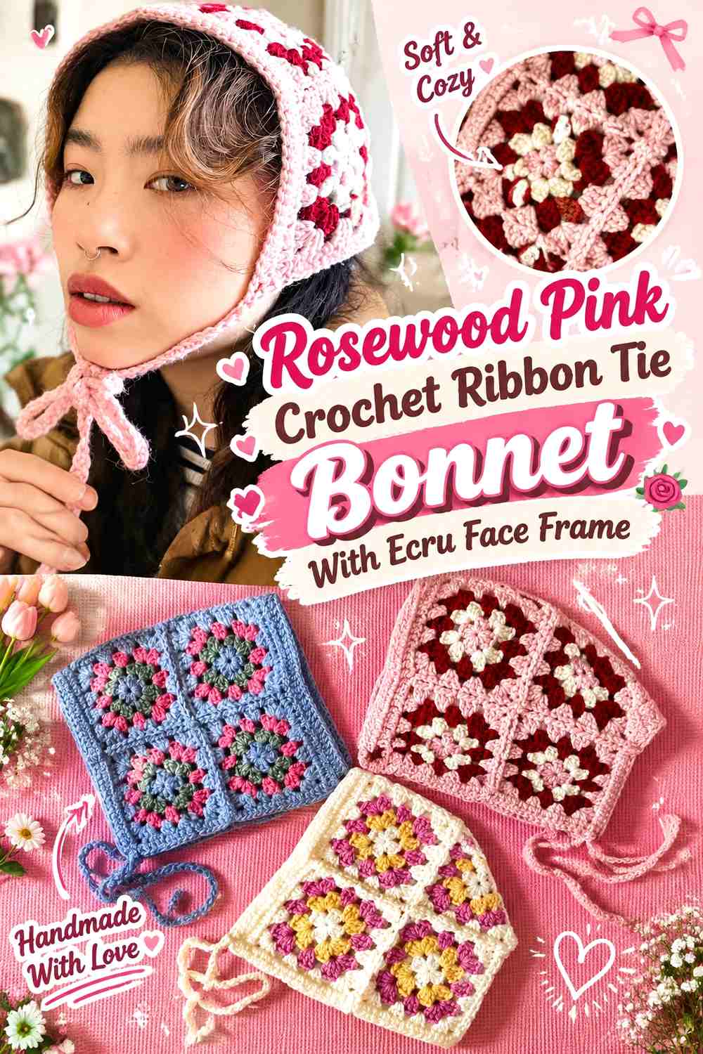 Rosewood Pink Crochet Ribbon Tie Bonnet With Ecru Face Frame