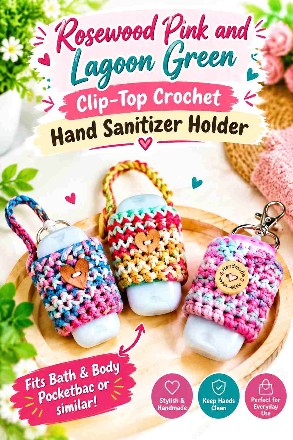 Rosewood Pink and Lagoon Green Clip Top Crochet Hand Sanitizer Holder