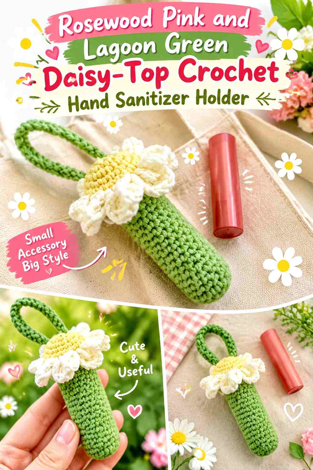 Rosewood Pink and Lagoon Green Daisy Top Crochet Hand Sanitizer Holder