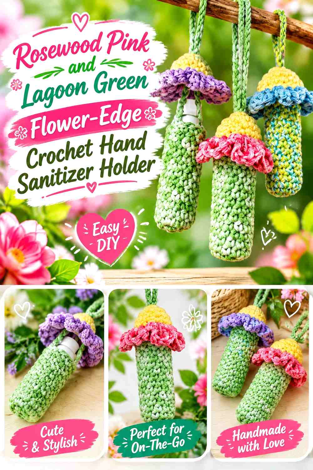 Rosewood Pink and Lagoon Green Flower Edge Crochet Hand Sanitizer Holder