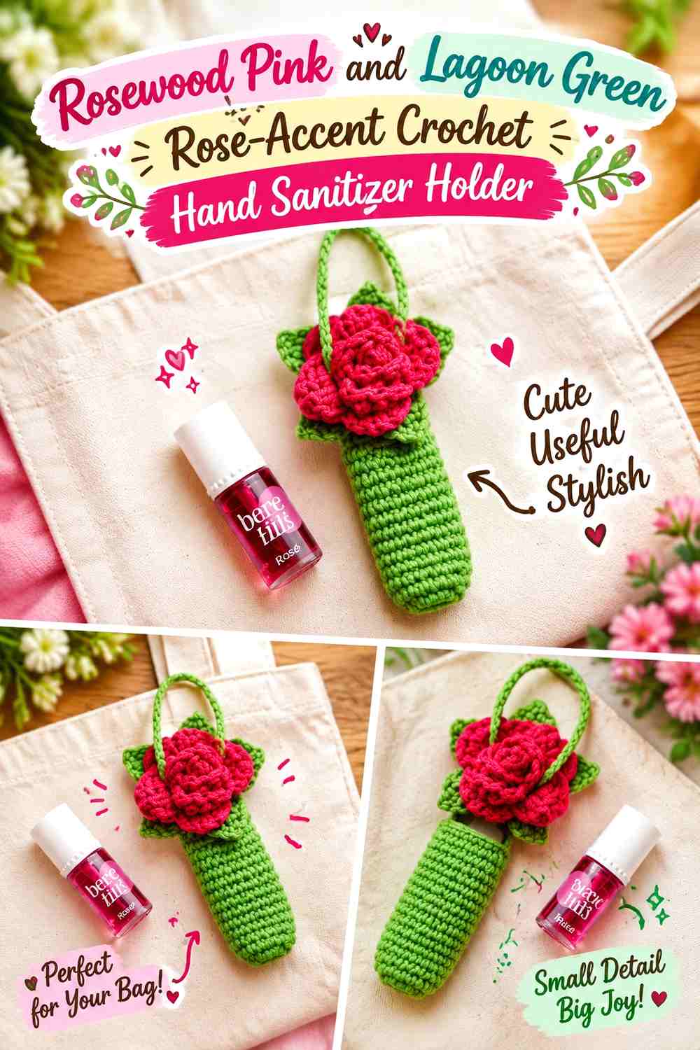 Rosewood Pink and Lagoon Green Rose Accent Crochet Hand Sanitizer Holder