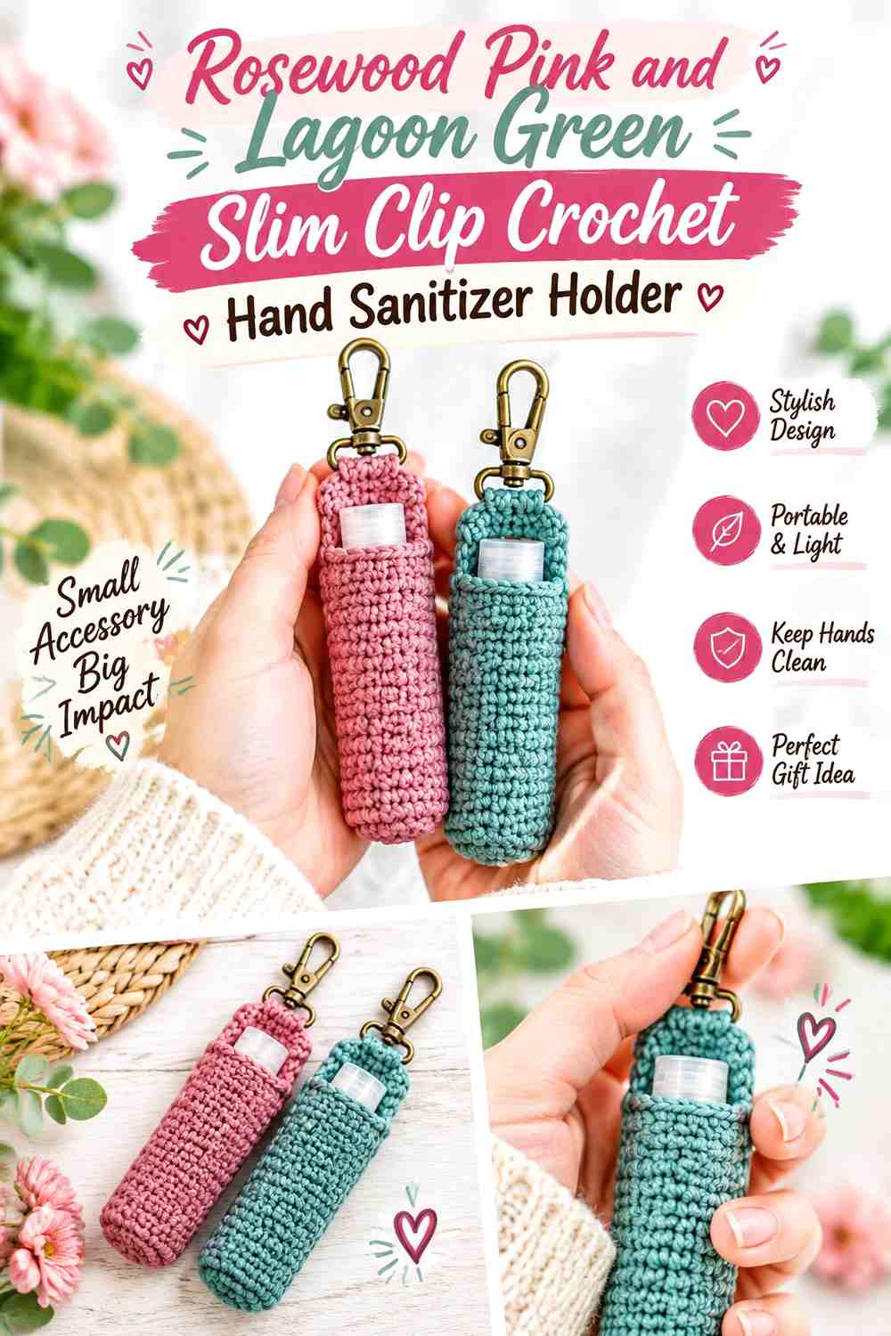 Rosewood Pink and Lagoon Green Slim Clip Crochet Hand Sanitizer Holder