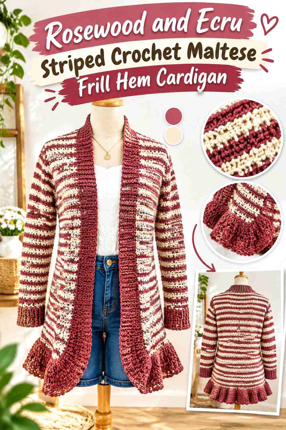 Rosewood and Ecru Striped Crochet Maltese Frill Hem Cardigan