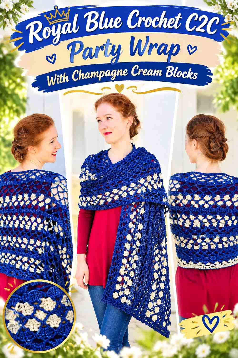 Royal Blue Crochet C2C Party Wrap With Champagne Cream Blocks