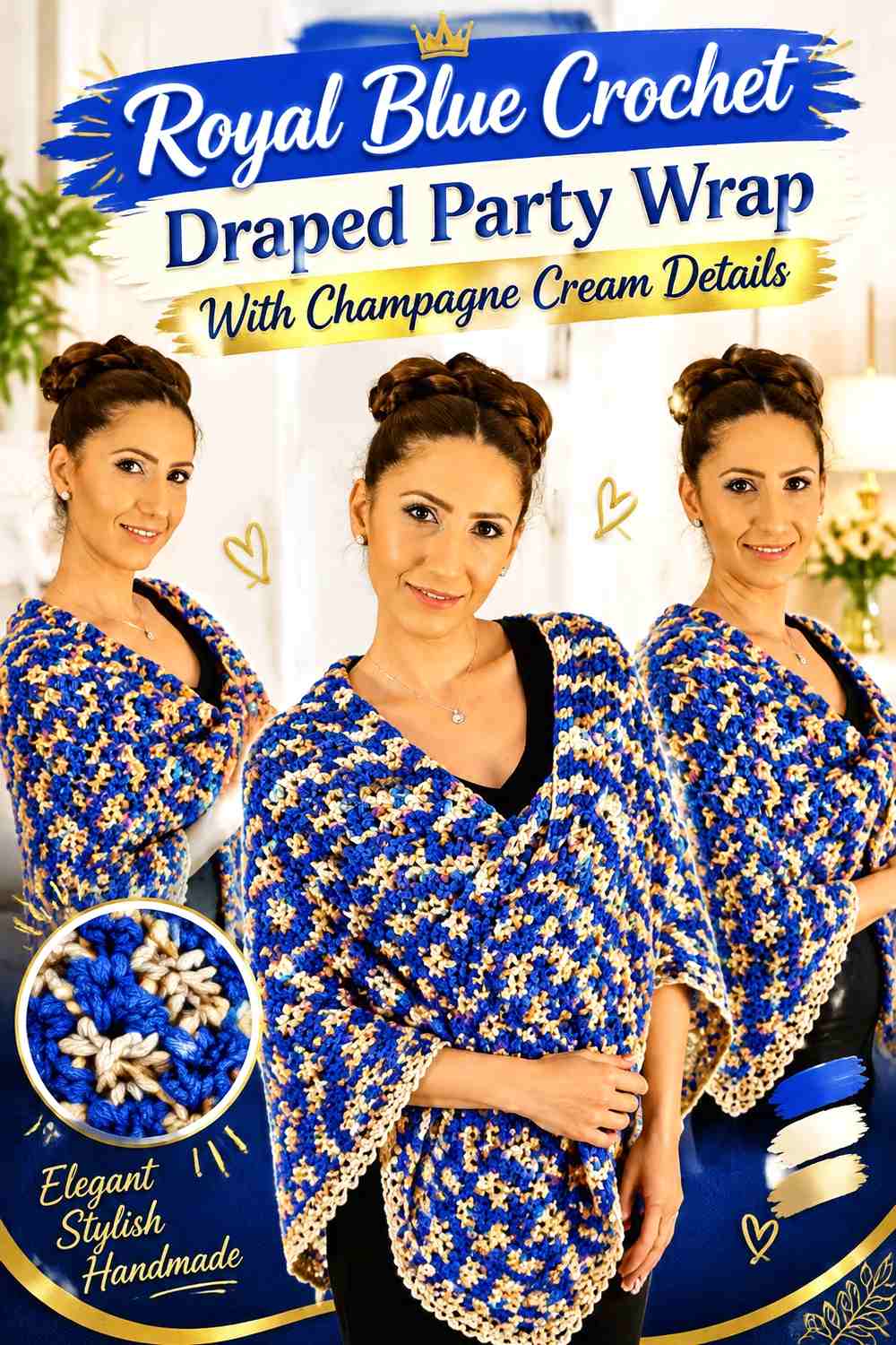 Royal Blue Crochet Draped Party Wrap With Champagne Cream Details