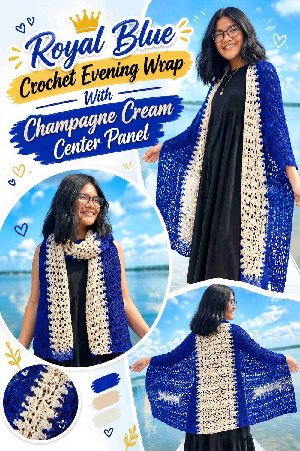 Royal Blue Crochet Evening Wrap With Champagne Cream Center Panel