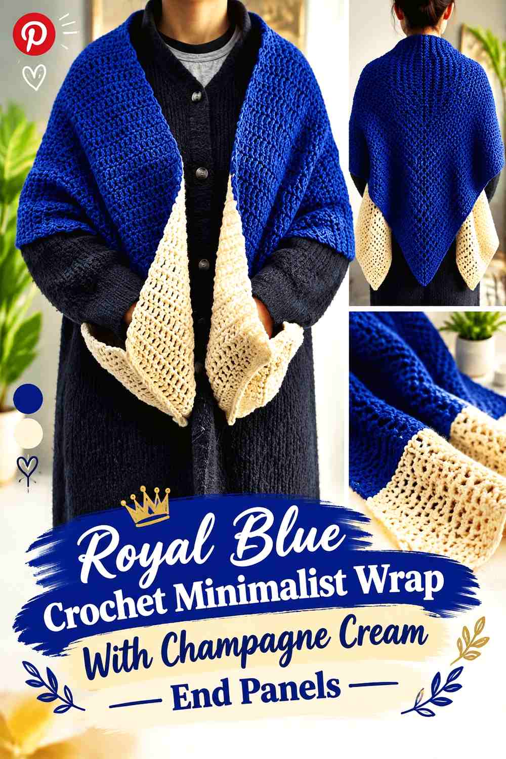 Royal Blue Crochet Minimalist Wrap With Champagne Cream End Panels