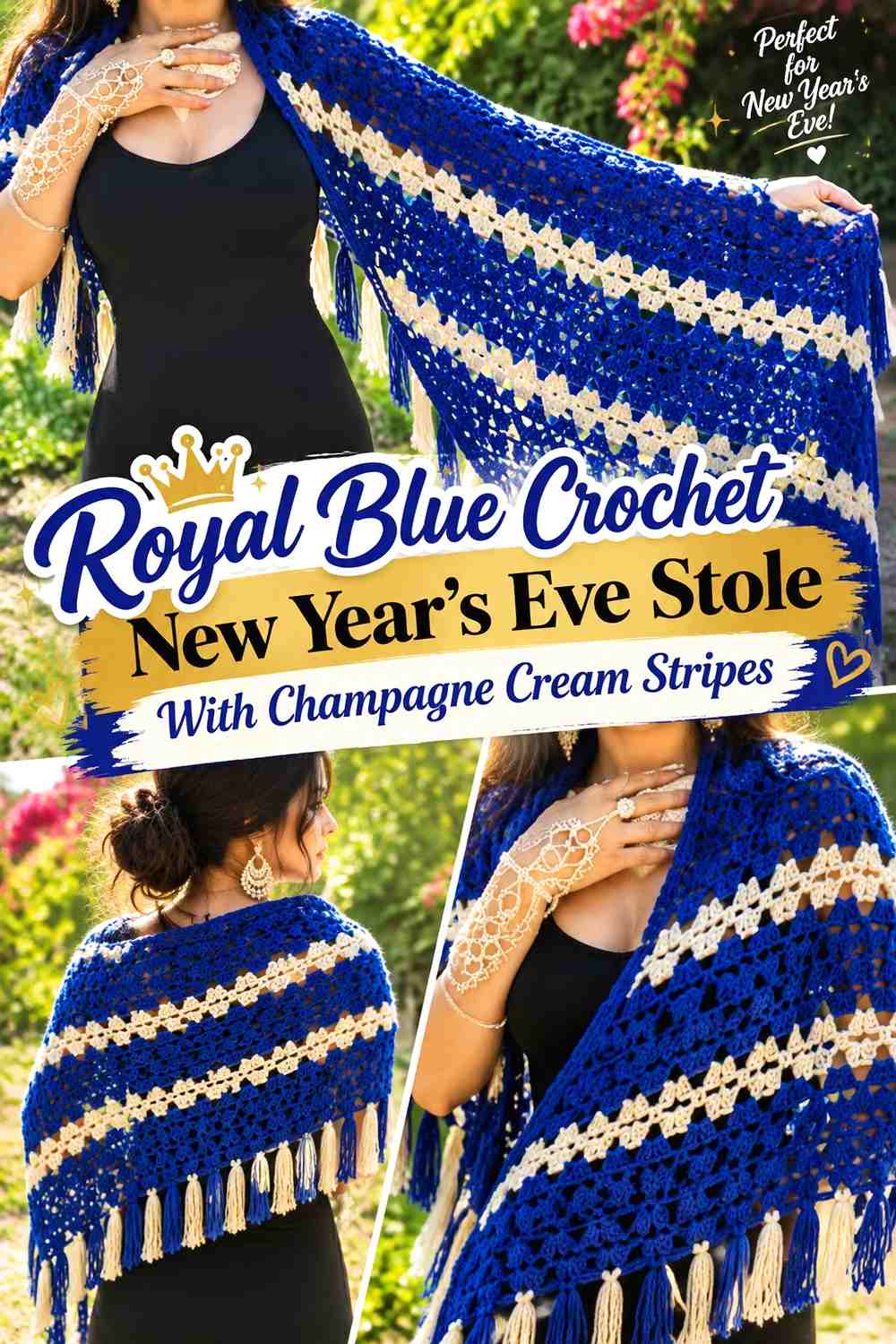 Royal Blue Crochet New Year's Eve Stole With Champagne Cream Stripes