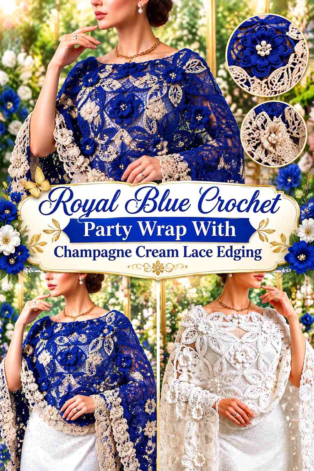 Royal Blue Crochet Party Wrap With Champagne Cream Lace Edging