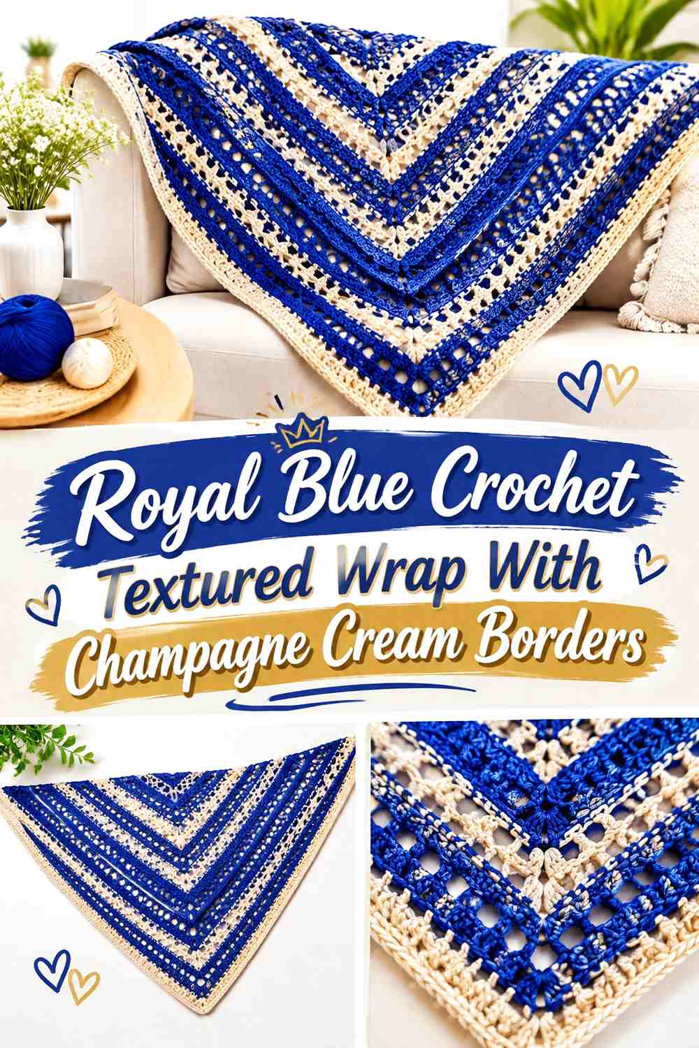 Royal Blue Crochet Textured Wrap With Champagne Cream Borders