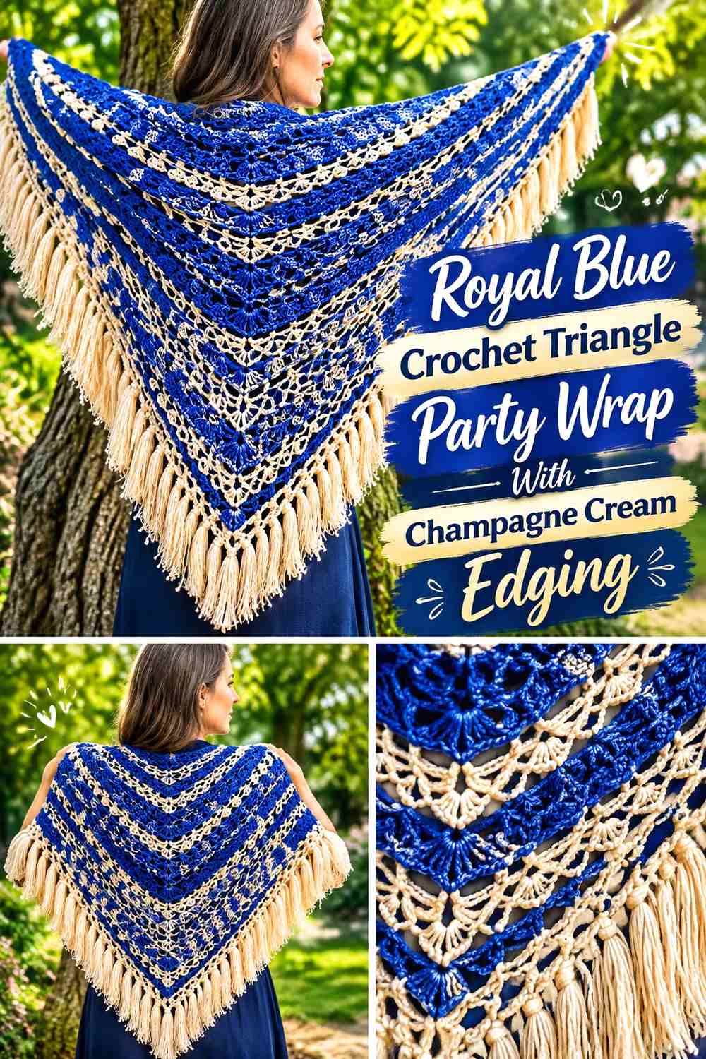 Royal Blue Crochet Triangle Party Wrap With Champagne Cream Edging