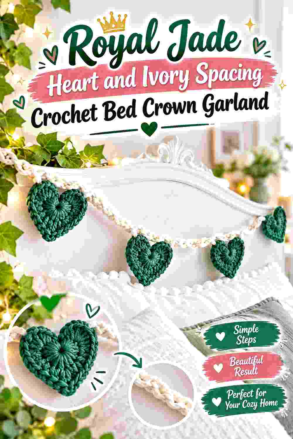 11. Royal Jade Heart And Ivory Spacing Crochet Bed Crown Garland