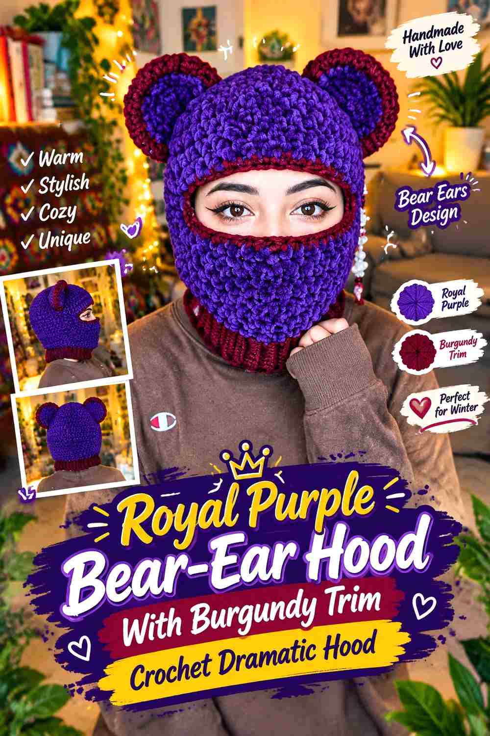 9. Royal Purple Bear Ear Hood With Burgundy Trim Crochet Dramatic Hood