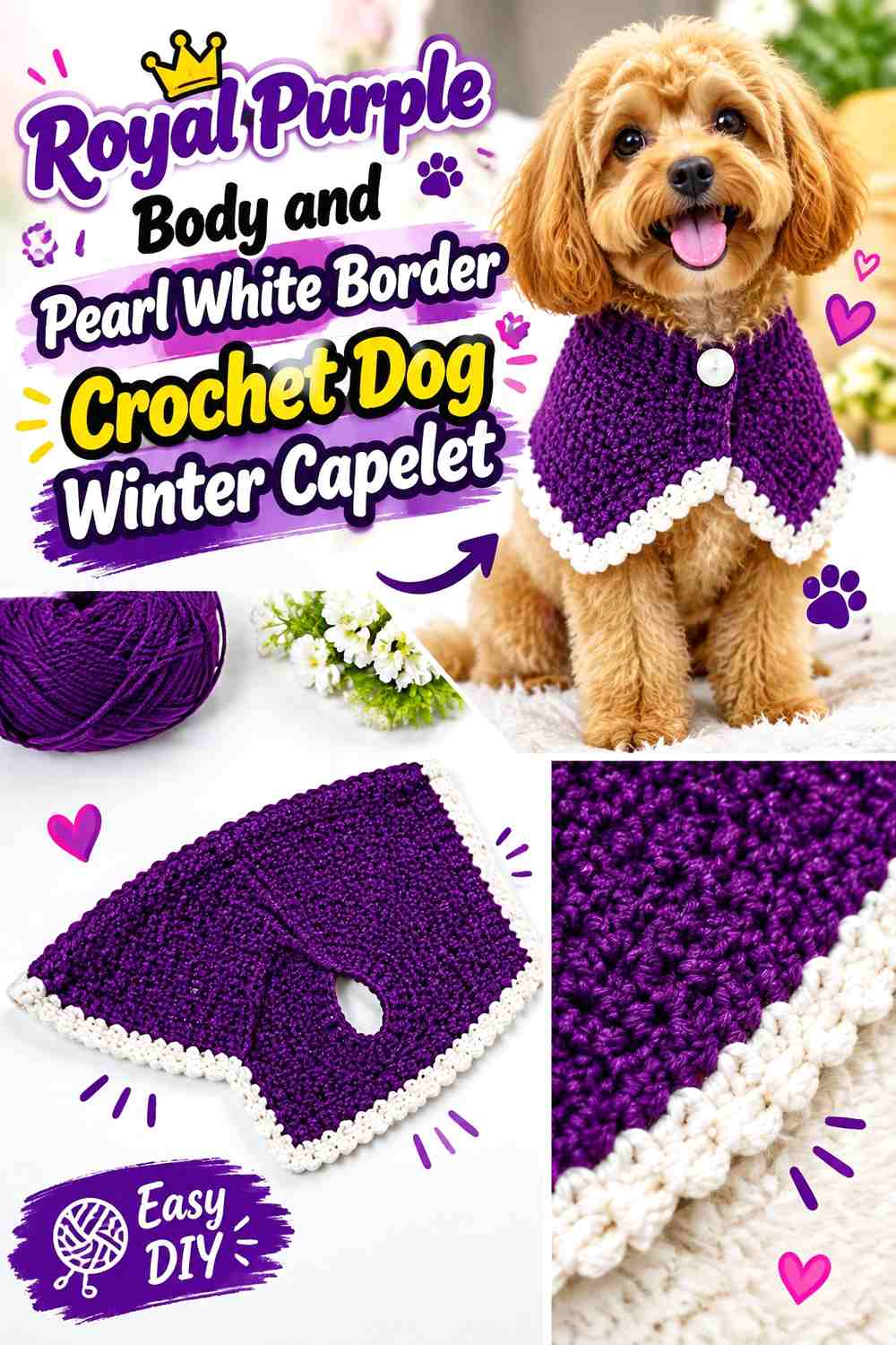 Royal Purple Body and Pearl White Border Crochet Dog Winter Capelet