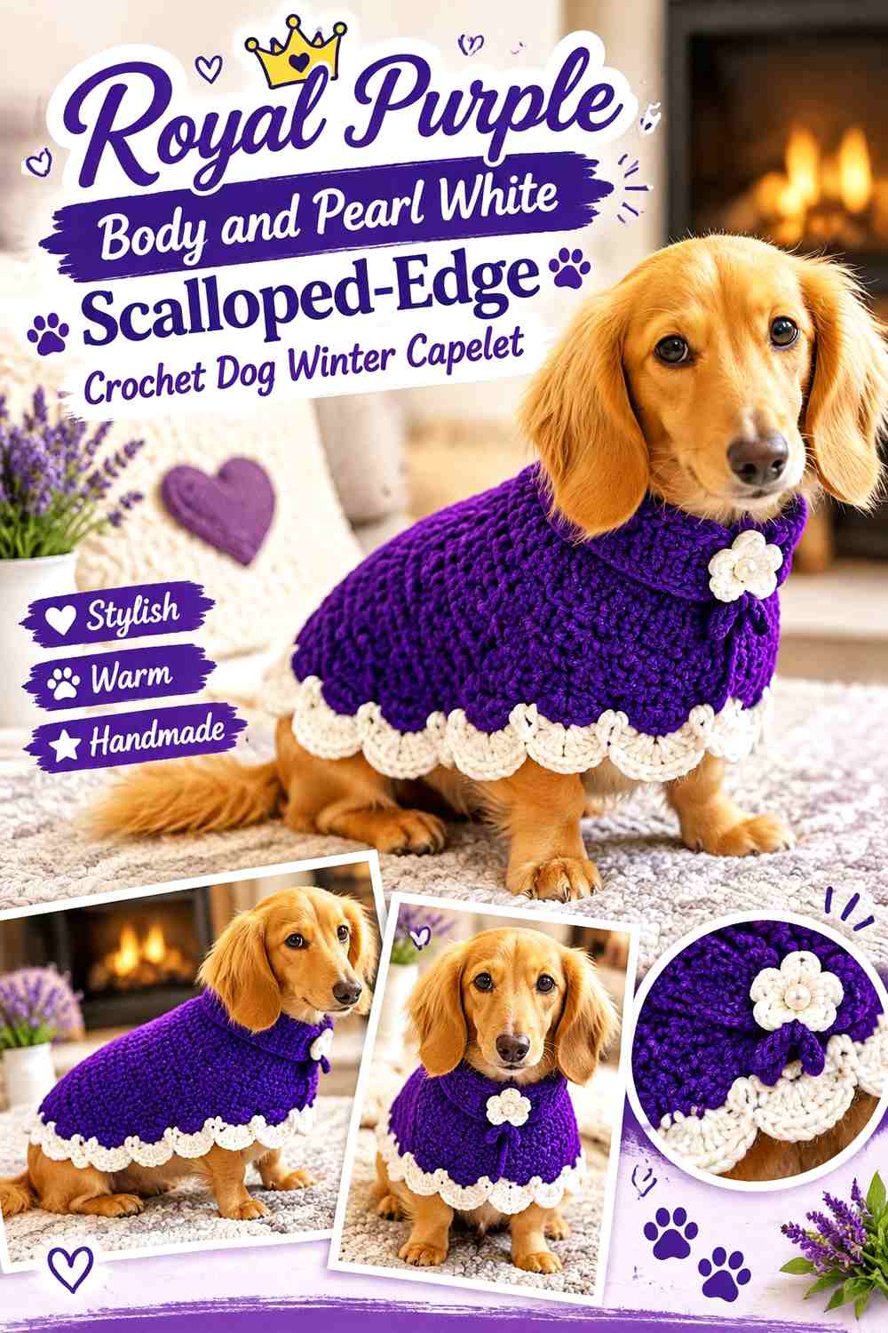 Royal Purple Body and Pearl White Scalloped-Edge Crochet Dog Winter Capelet