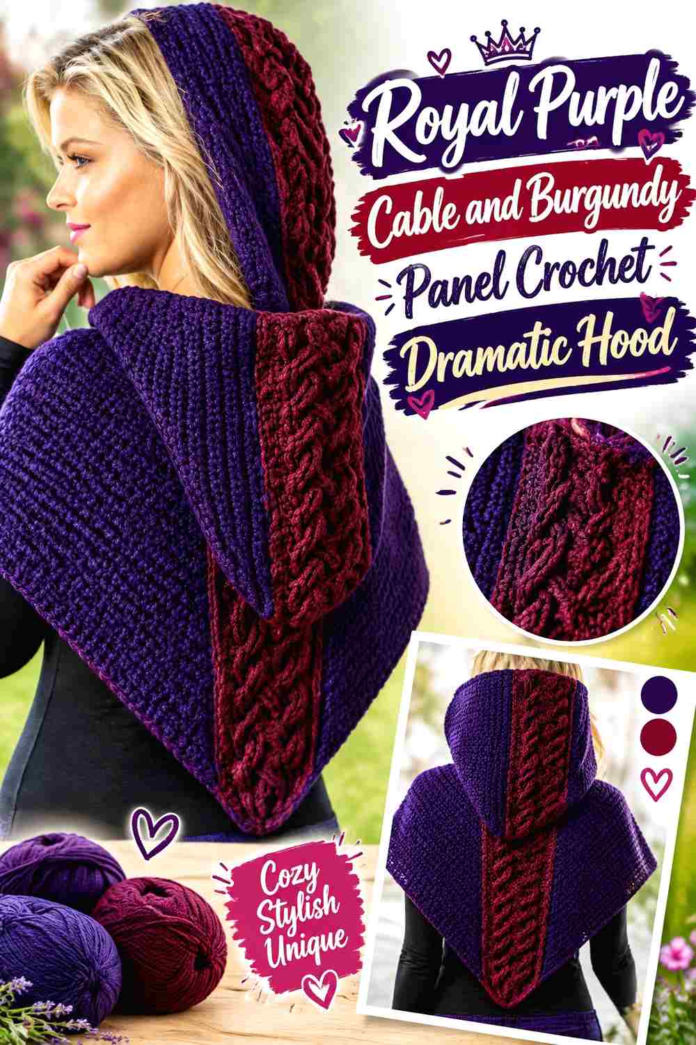 14. Royal Purple Cable And Burgundy Panel Crochet Dramatic Hood