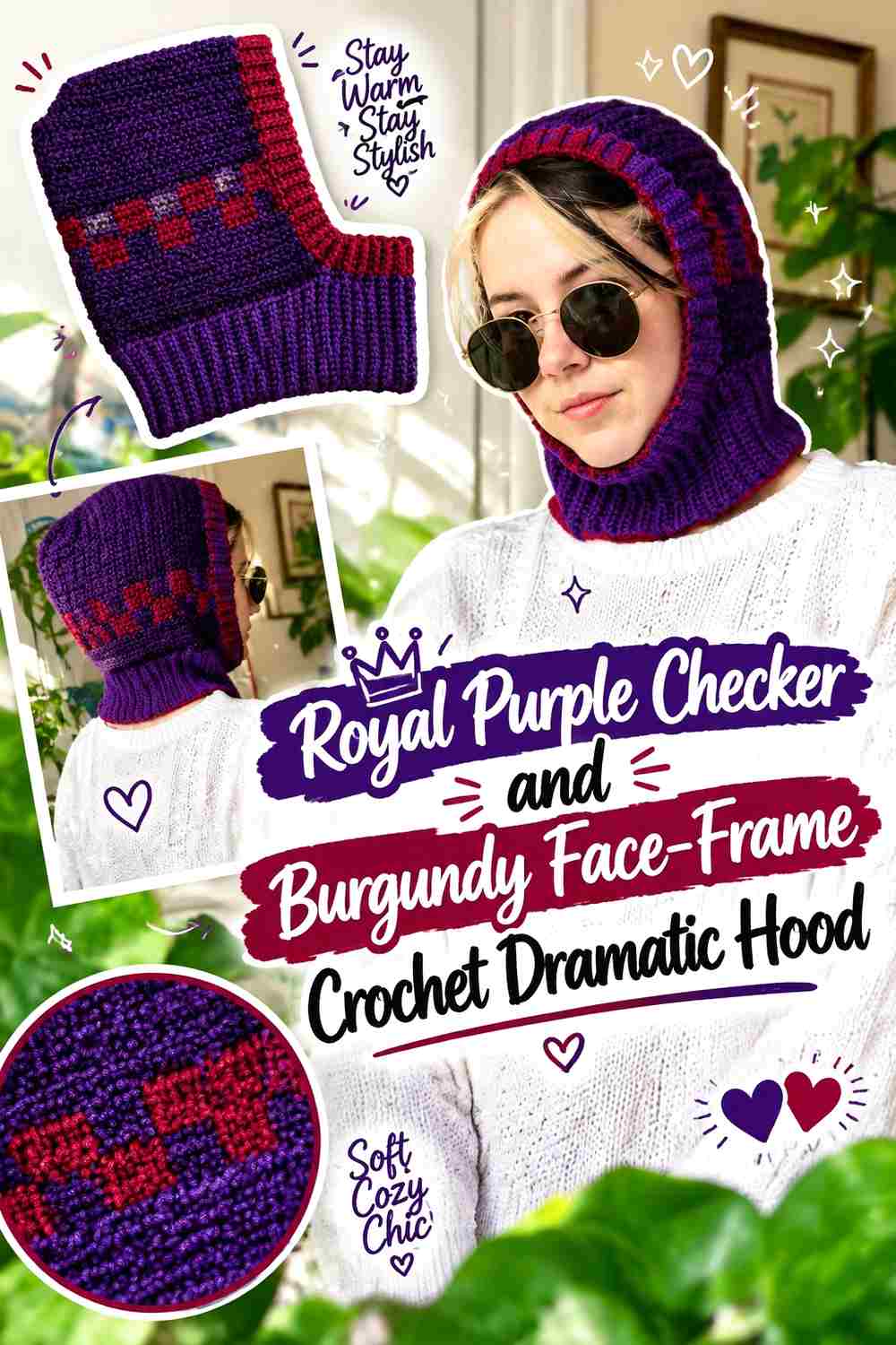 3. Royal Purple Checker And Burgundy Face Frame Crochet Dramatic Hood