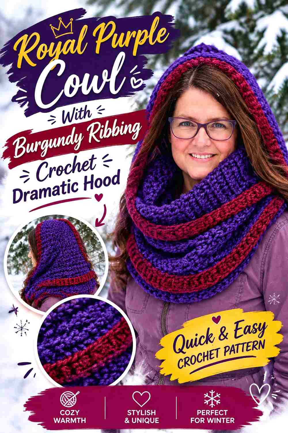 12. Royal Purple Cowl With Burgundy Ribbing Crochet Dramatic Hood