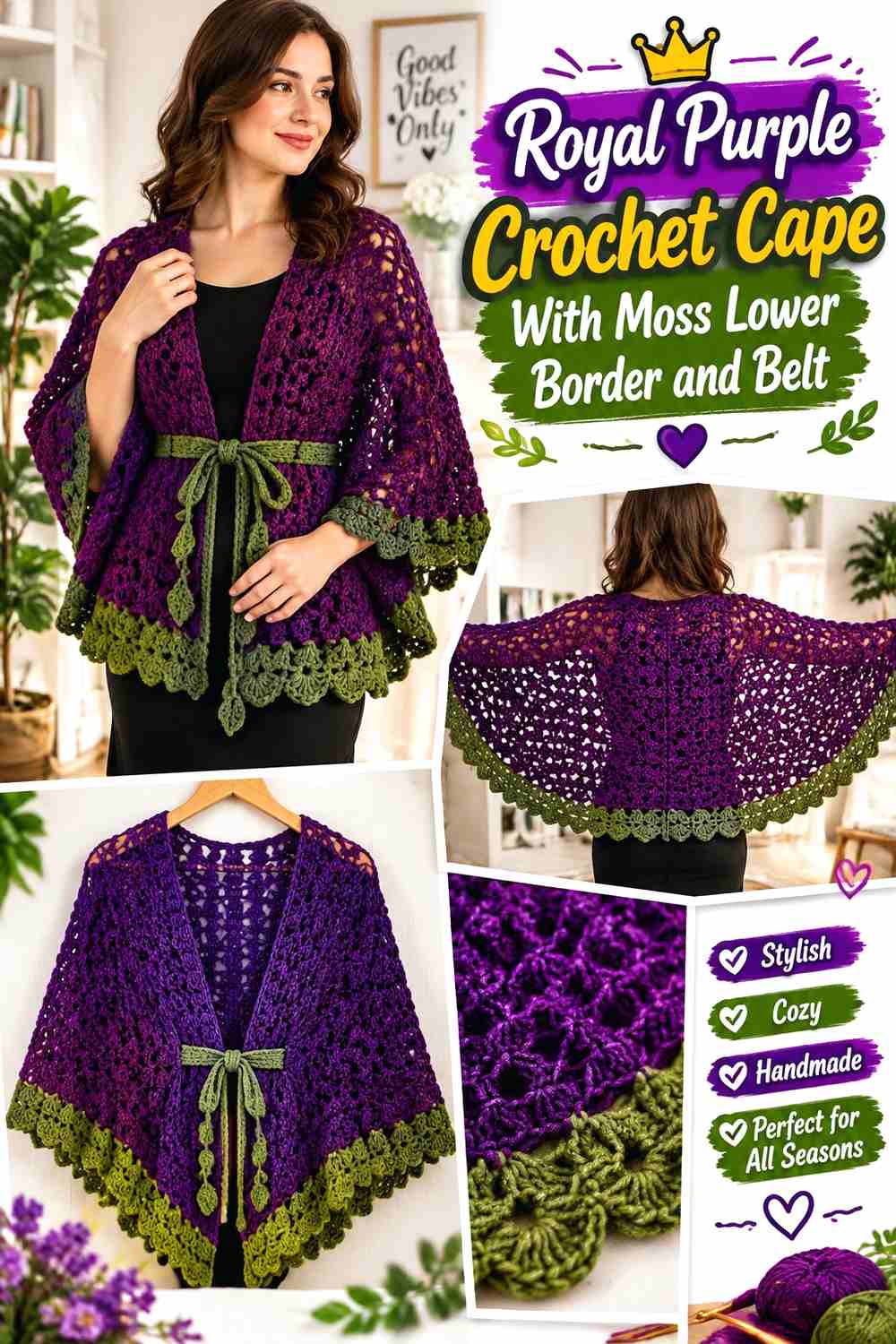 11. Royal Purple Crochet Cape With Moss Lower Border And Belt