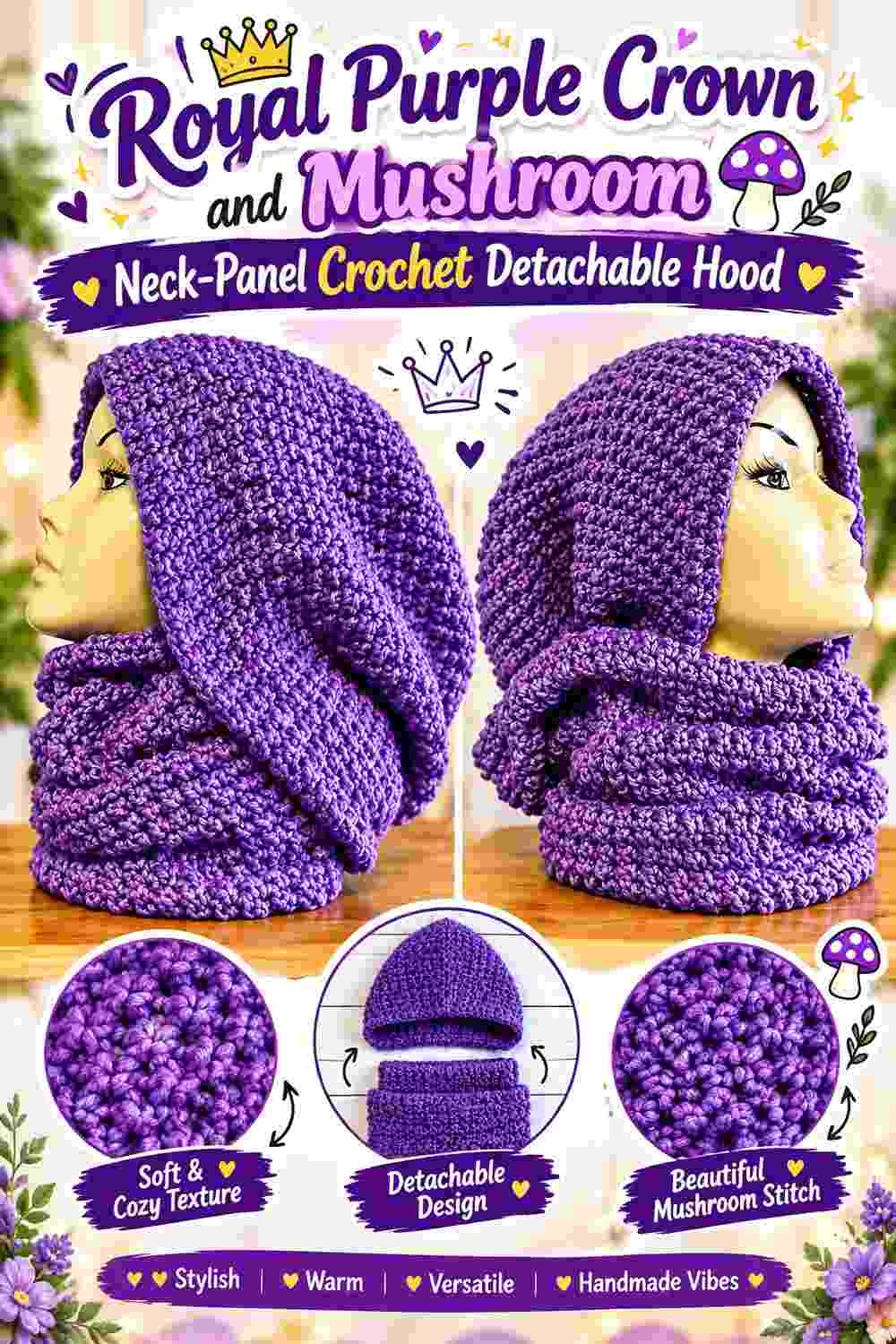 6. Royal Purple Crown And Mushroom Neck Panel Crochet Detachable Hood