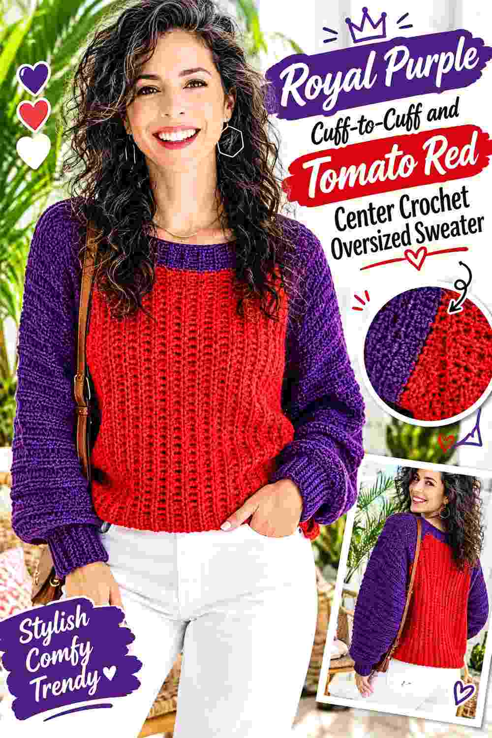 15. Royal Purple Cuff To Cuff And Tomato Red Center Crochet Oversized Sweater