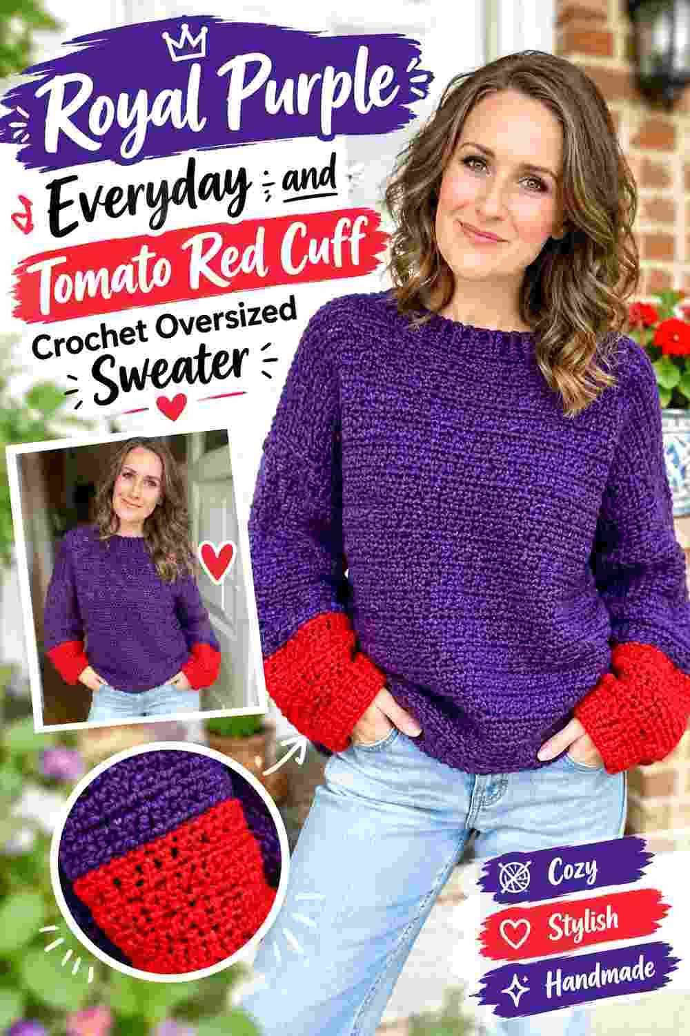 10. Royal Purple Everyday And Tomato Red Cuff Crochet Oversized Sweater