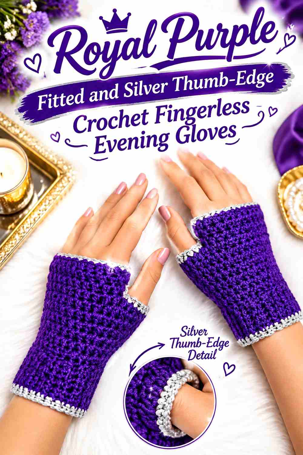 5. Royal Purple Fitted And Silver Thumb Edge Crochet Fingerless Evening Gloves