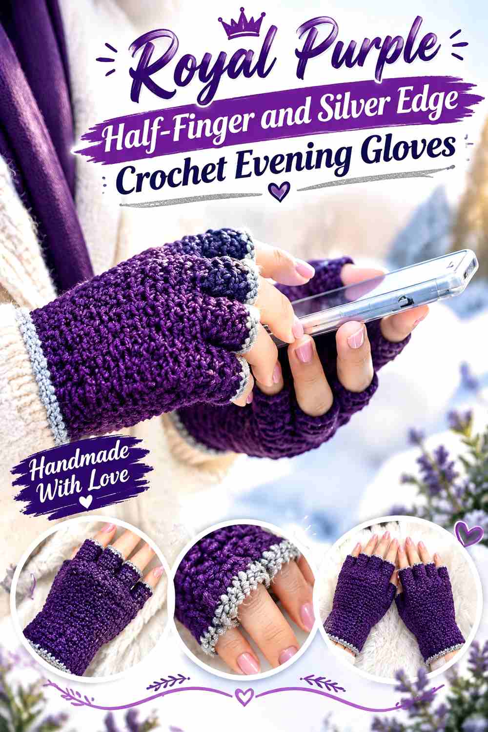 11. Royal Purple Half Finger And Silver Edge Crochet Evening Gloves