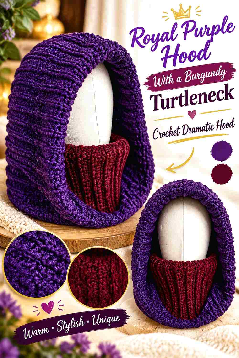1. Royal Purple Hood With A Burgundy Turtleneck Crochet Dramatic Hood