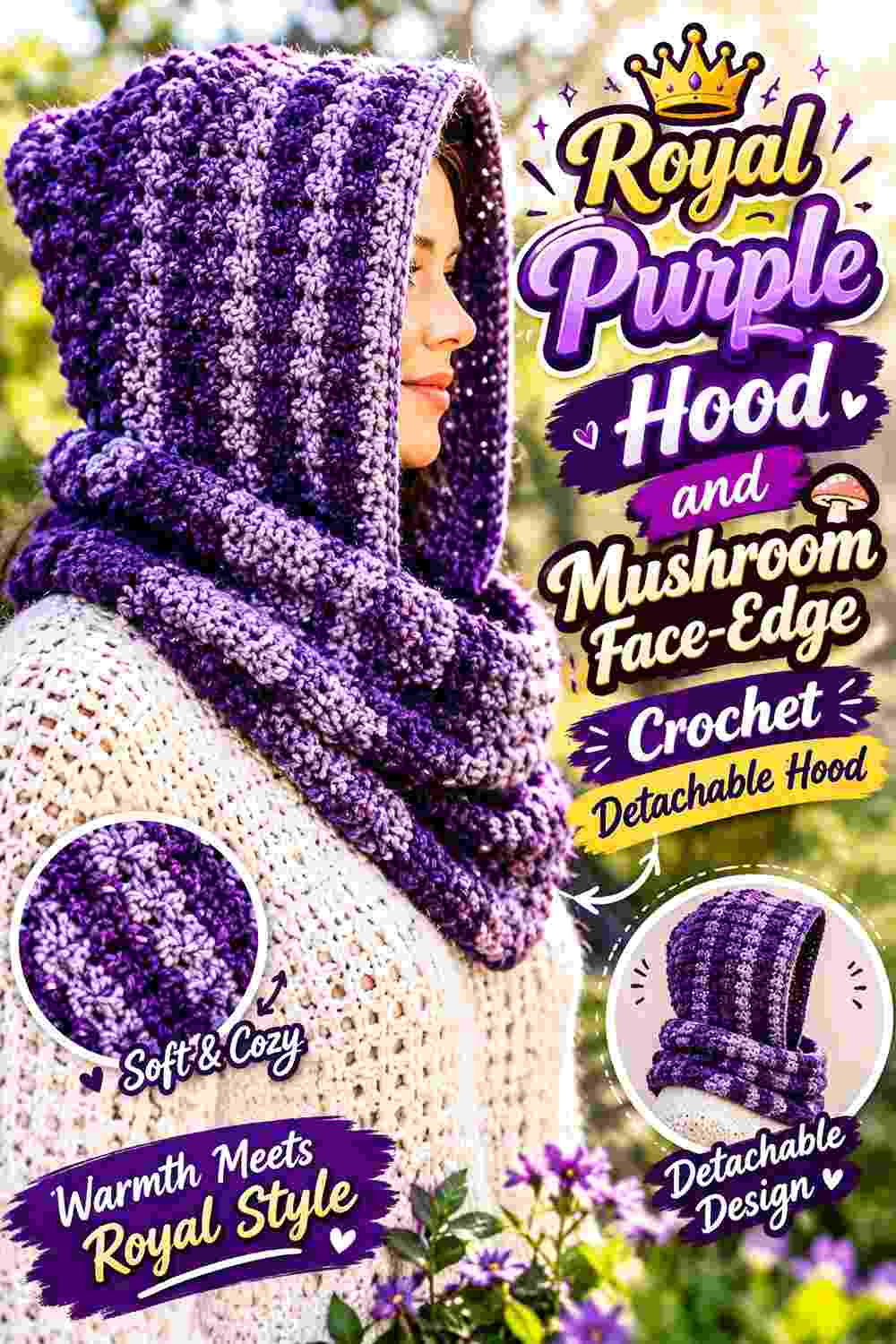 1. Royal Purple Hood And Mushroom Face Edge Crochet Detachable Hood