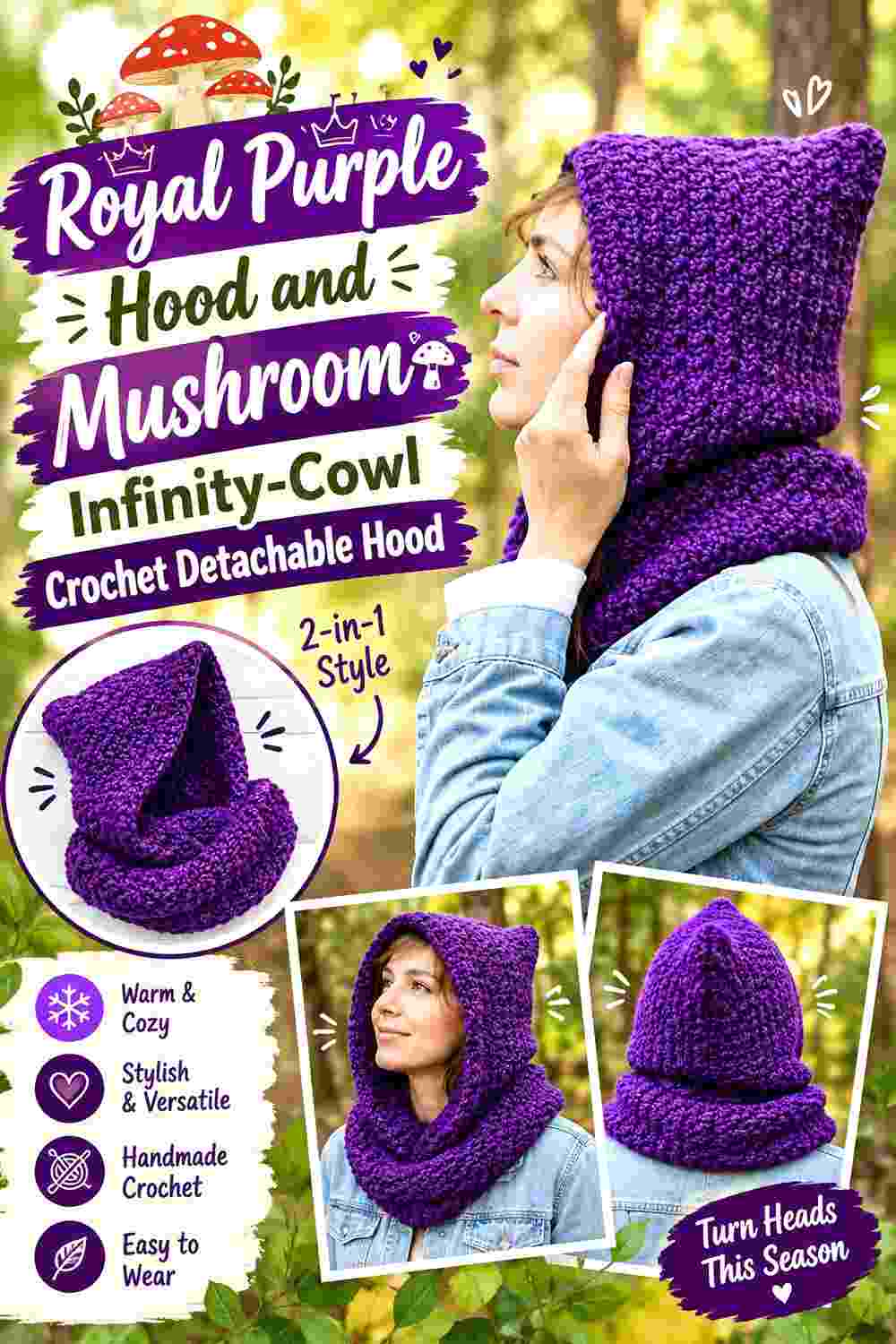 11. Royal Purple Hood And Mushroom Infinity Cowl Crochet Detachable Hood