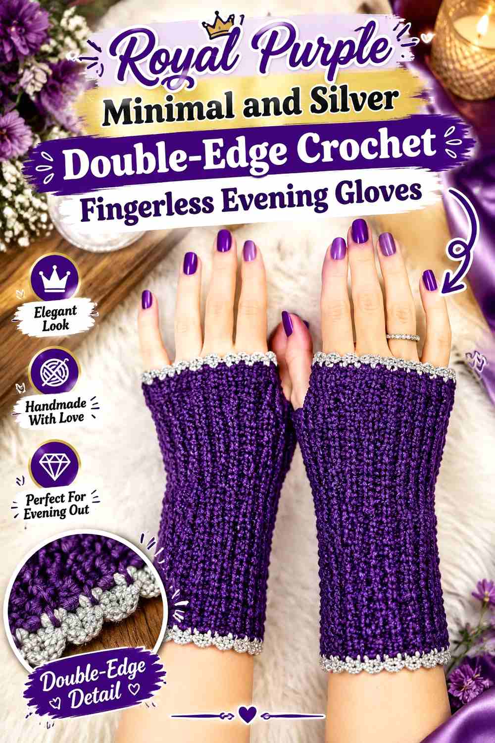 6. Royal Purple Minimal And Silver Double Edge Crochet Fingerless Evening Gloves