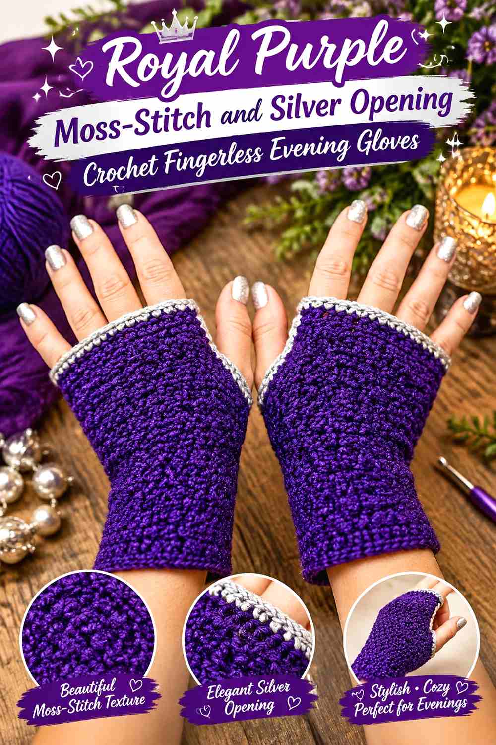7. Royal Purple Moss Stitch And Silver Opening Crochet Fingerless Evening Gloves