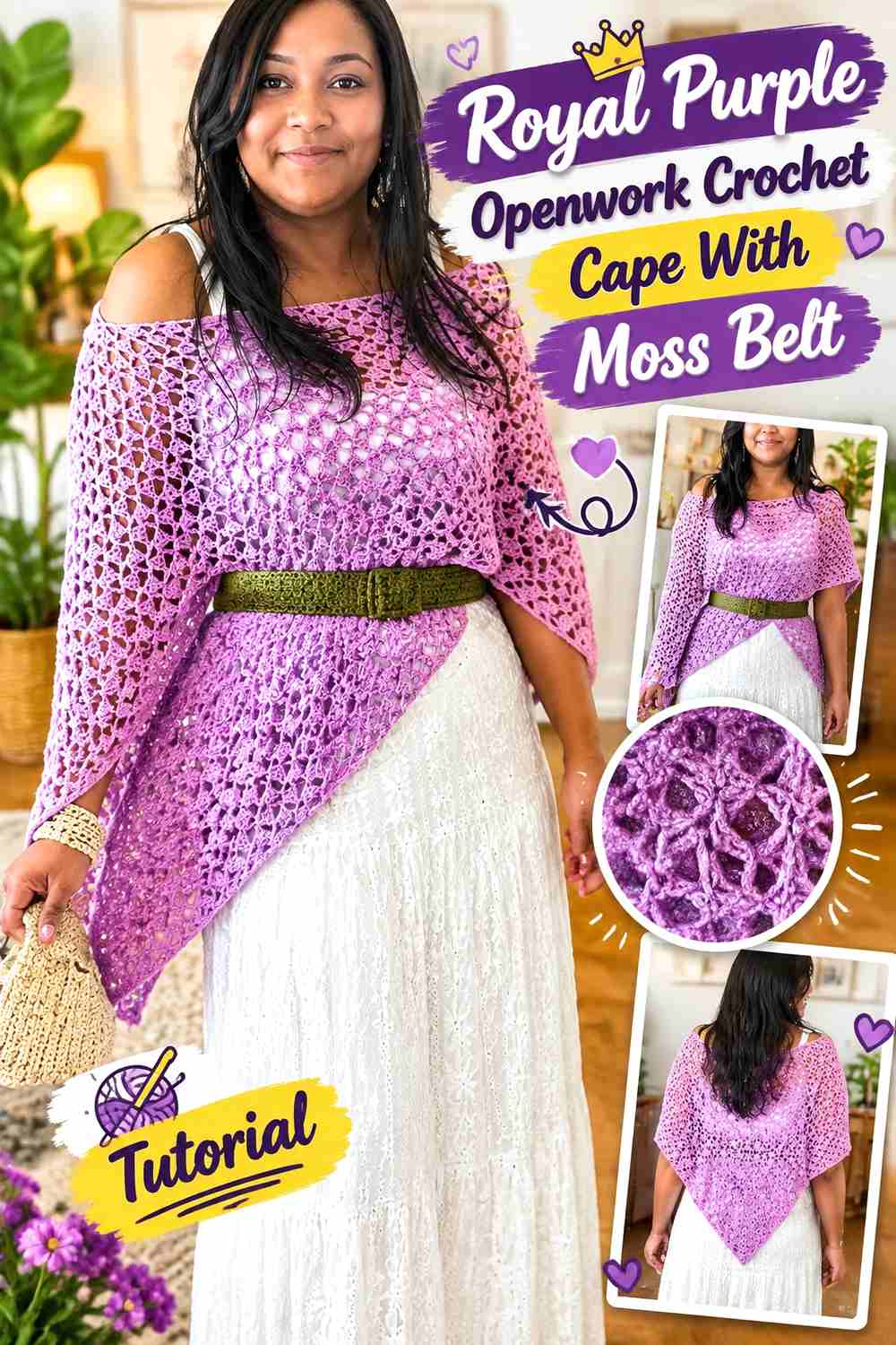 6. Royal Purple Openwork Crochet Cape With Moss Belt