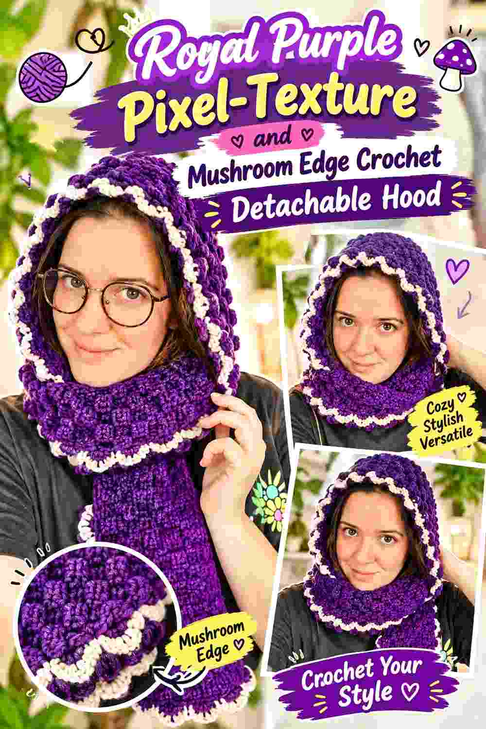 10. Royal Purple Pixel Texture And Mushroom Edge Crochet Detachable Hood