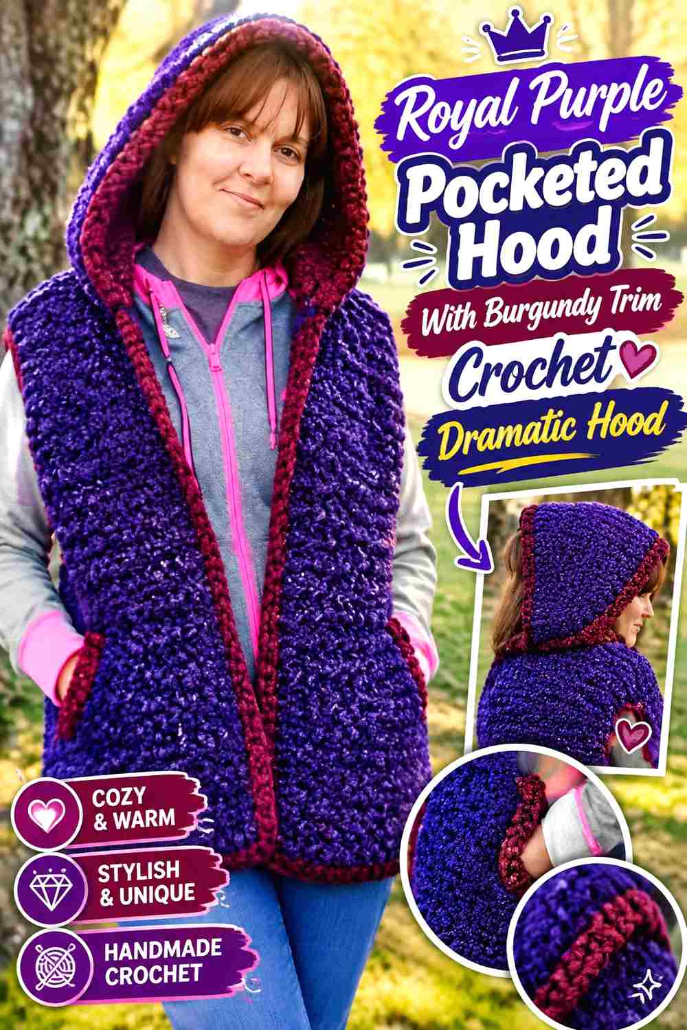16. Royal Purple Pocketed Hood With Burgundy Trim Crochet Dramatic Hood